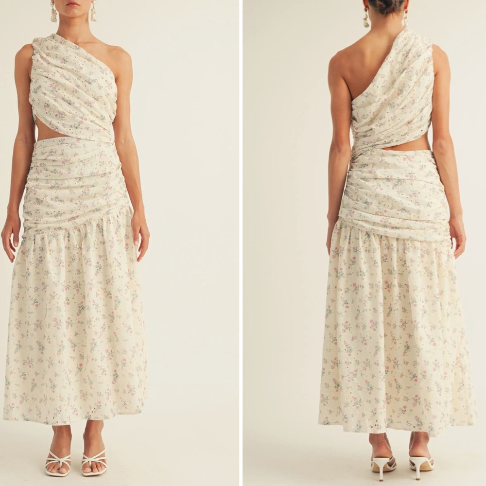 NWT Arose Studio Soleil eyelet cutout one shoulder maxi dress